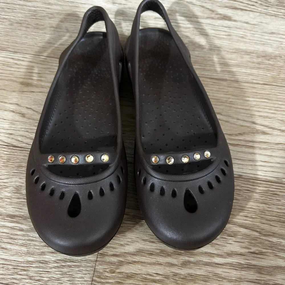 Womens‎ Ballet Flats Slingback Shoes Brown Rhinestone Detail Size 6 - Picture 2 of 12